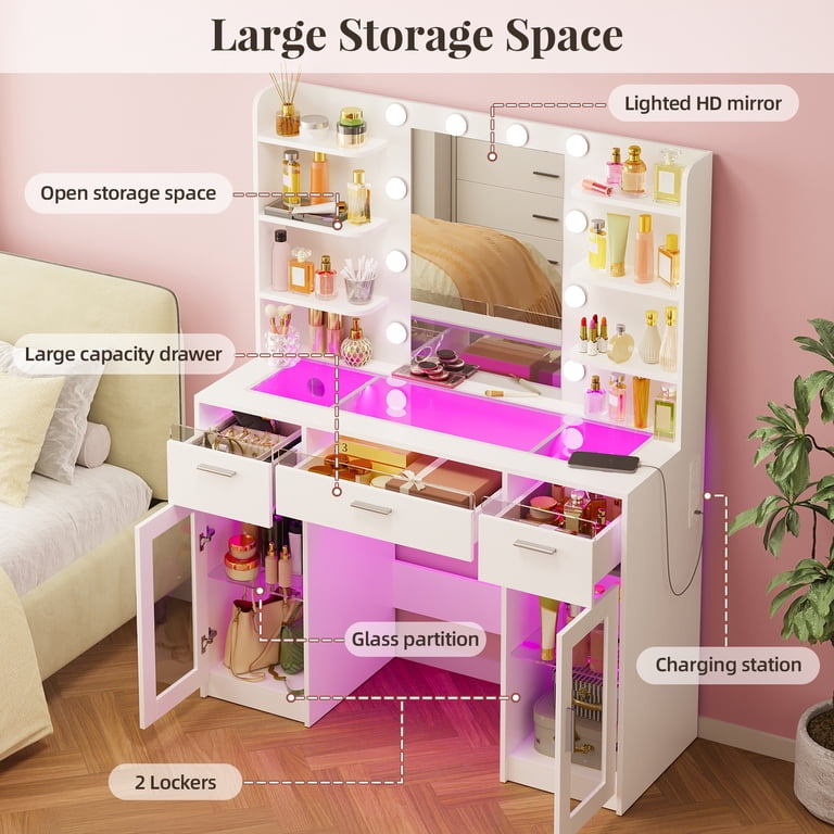 Tomnk Vanity Desk with Mirror and Lights, Transparent Top, 3 RGB