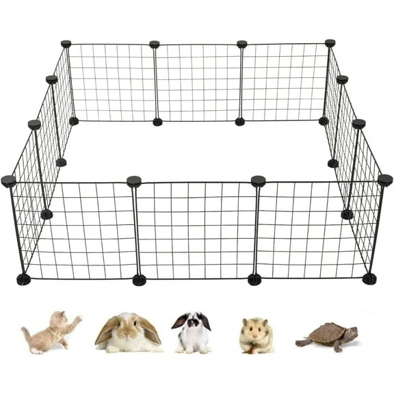 Pet Playpen, Small Animals Supplies, 12 Panels Exercise Playpens Cage, Grids Portable Yard Fence Indoor, Ideal for Guinea Pigs, Puppy Pet Products, DIY Metal Yard Fence, 14" × 14" Black