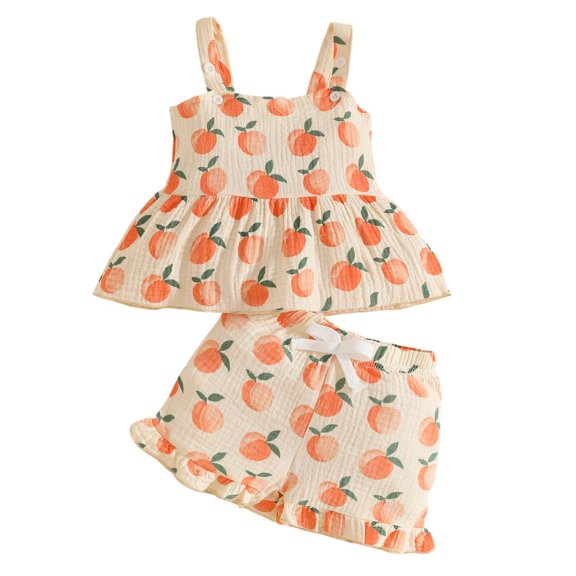Zpanxa Girl Outfits Sets Girls Peach Print Sleeveless Cami Top and Ruffle Shorts Set 2 Piece Summer Outfit