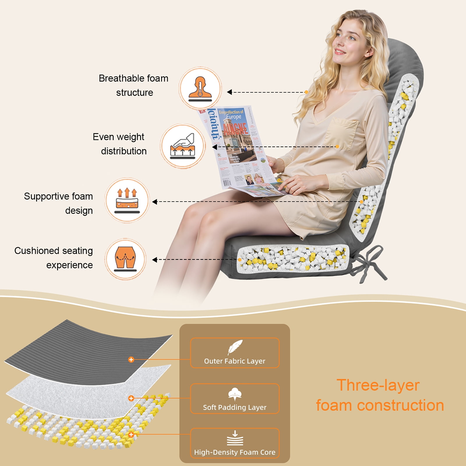 Millsilo Rocking Chair Cushion Set 44" x 19" x 4", High Back Tufted Cushion, Soft Breathable Corduroy Fabric, Non-Slip, Gray