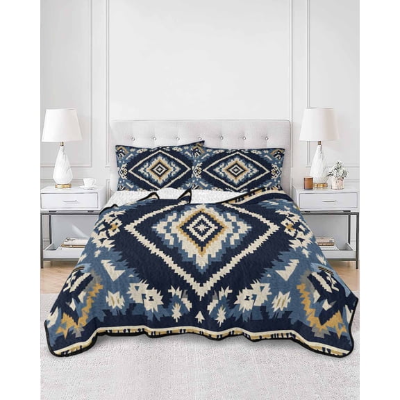 Quilts King Size, Navy Blue Brown Boho Soft Comforter Bedding Set for Bed, Vintage Geometric Southwestern Lightweight Quilted Bedspread with Pillow Cover(2 Pieces) for All Season, 96x106 Inch