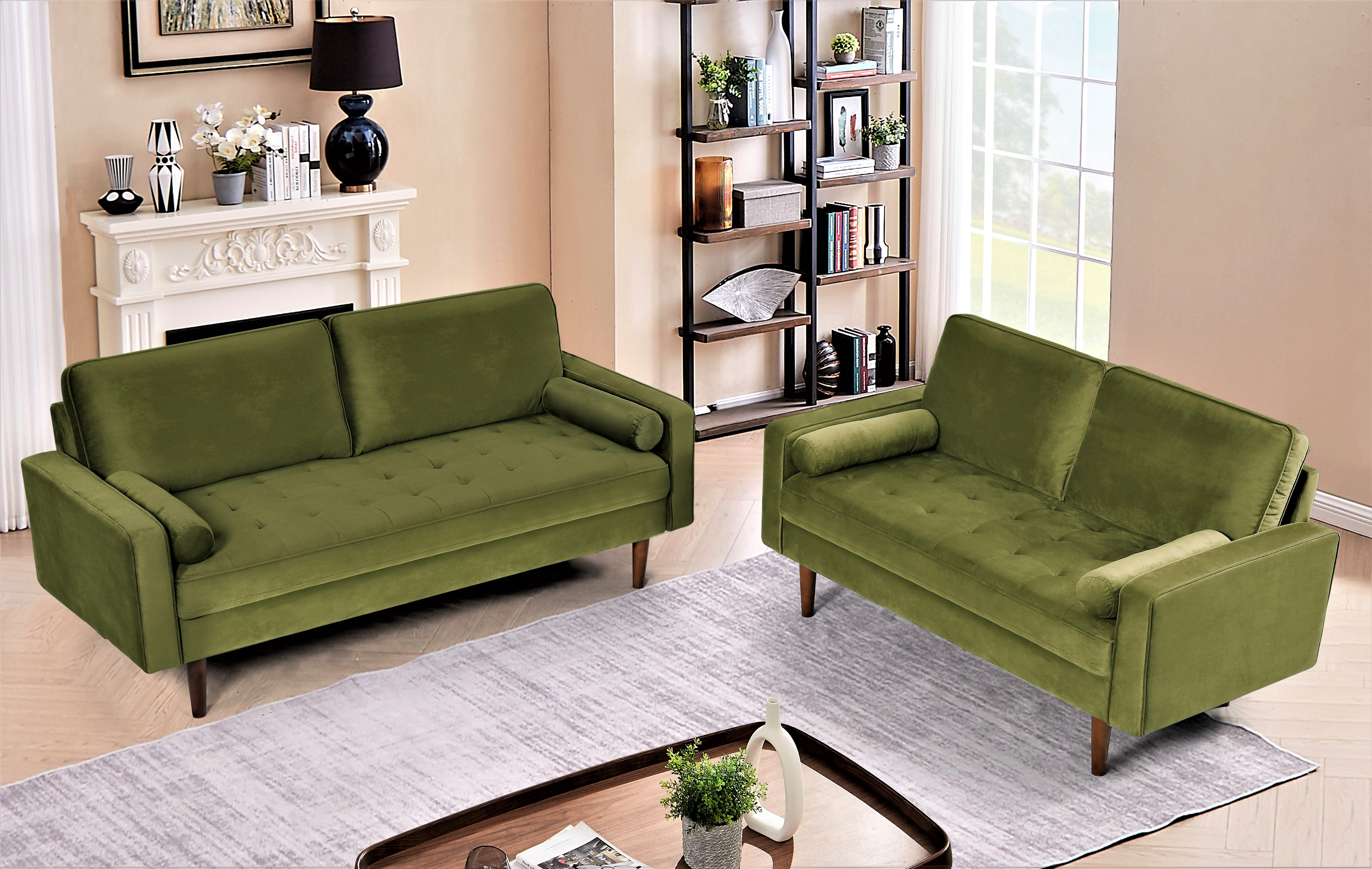 US Pride Furniture Monahan Velvet 2PC Living Room Sets Sofa Loveseat Olive Green