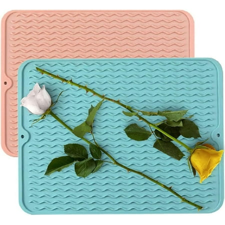

[2 Pack] Silicone Dish Drying Mat Heat-resistant Kitchen Drying Mat for Counter Silicone Drain Mat (16 x12 Pink+Blue)