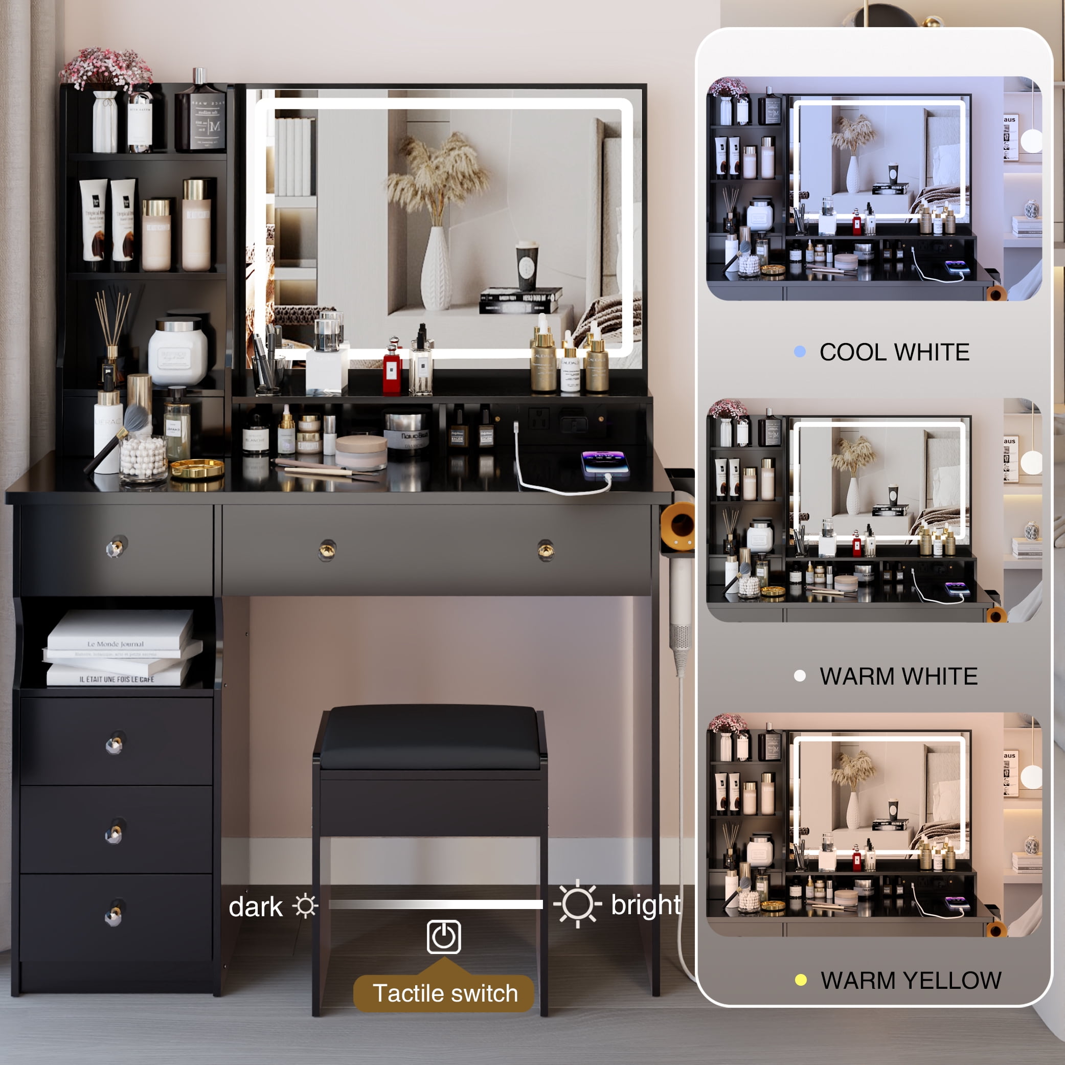 Euroco 41" Large Size Left Drawer Desktop Vanity Table+Cushioned Stool Dresser Set, 2 AC+2 USB Power Station, Hair Dryer Stand, Extra Large Touch Control LED Mirror