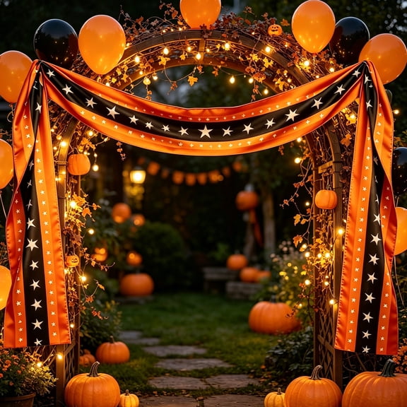 Snmubt Halloween Orange Black Star Hanging Flag, 6 Meter Long Bunting Banner with Star Polka Dot Print, Cloth Outdoor Decor for Porch Gate Fence