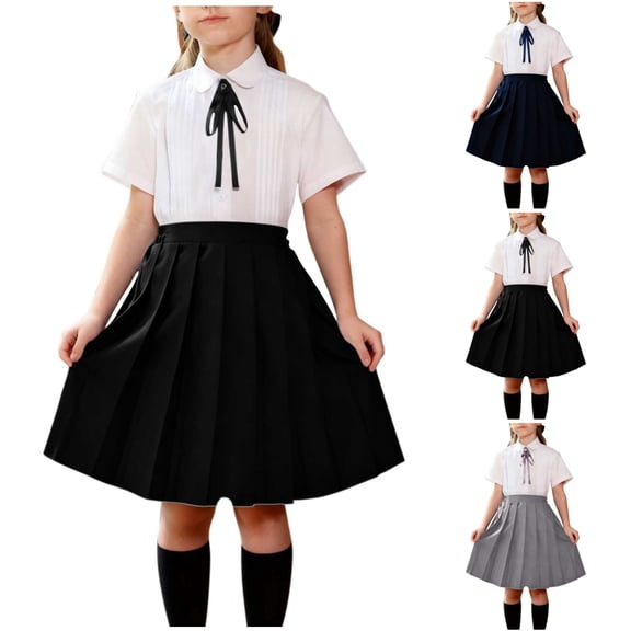 SGFCWSX Girls 3-Piece School Uniform Outfit, Kids Short Sleeve Collared Shirt with Bow Tie and Pleated Skirt Set Black Size 9-10 Years