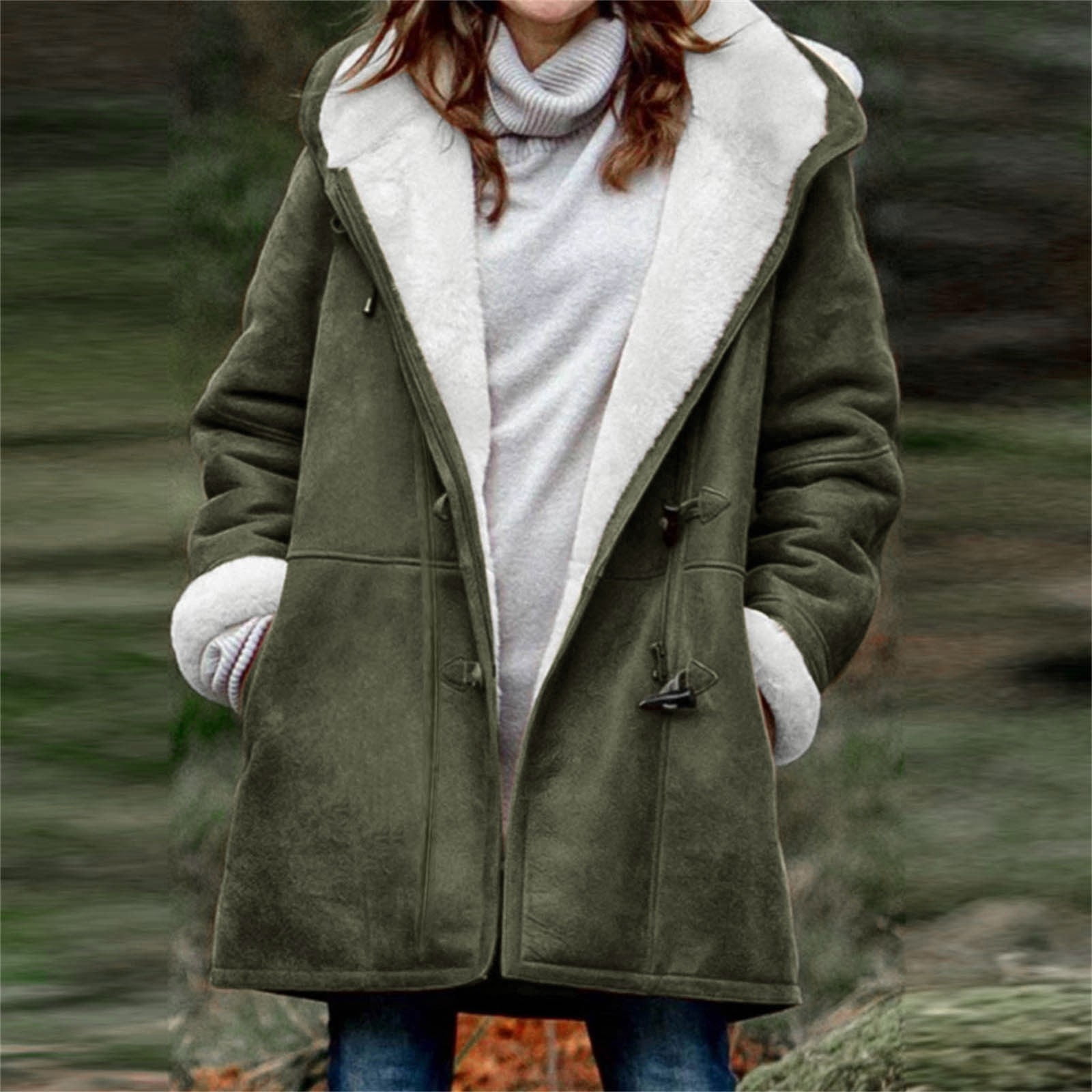 VINUSLI Faux Suede Jacket Women Dressy Horn Button Quilted Sherpa Fleece Outerwear Parka Coats Hooded Jackets​ Army Green,M