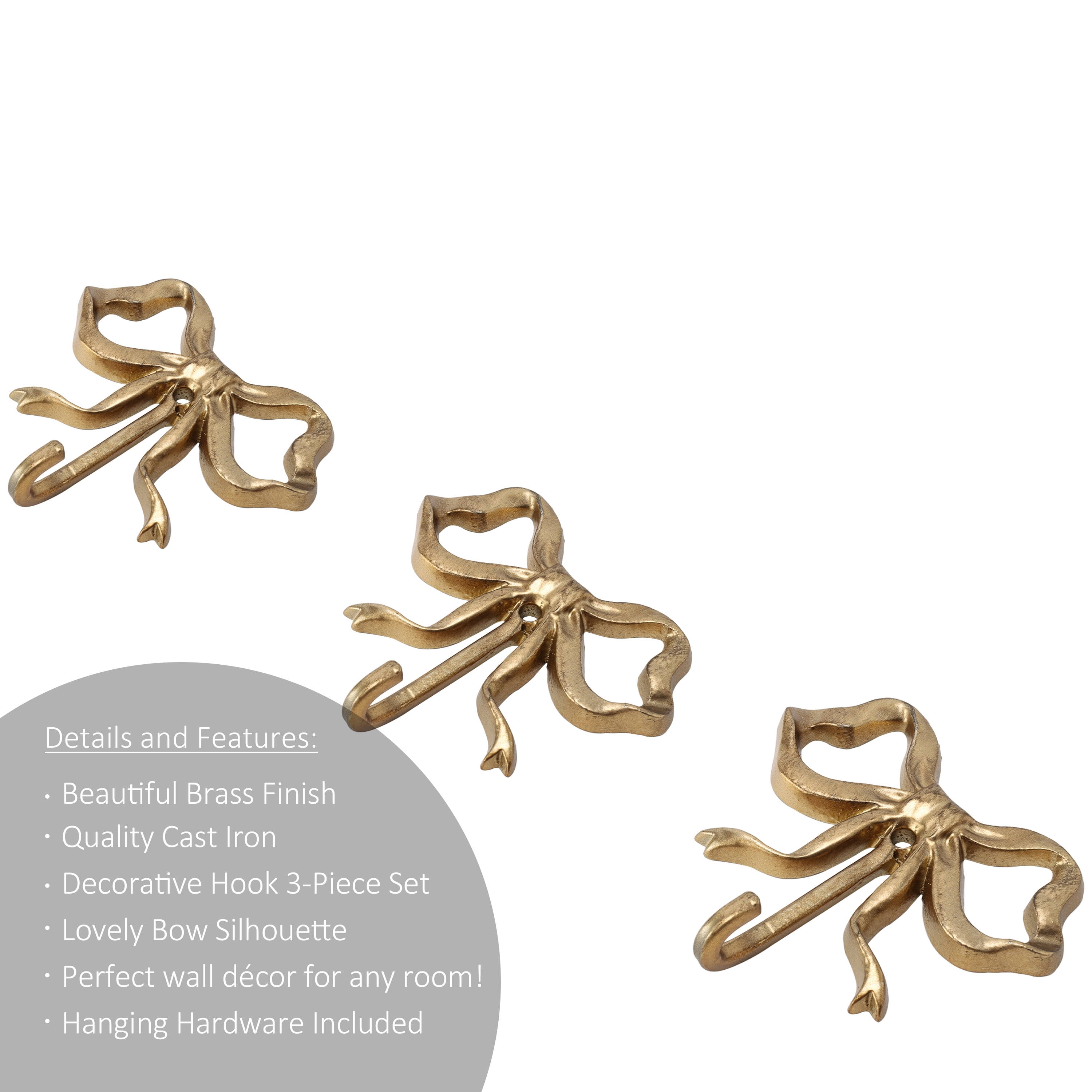 Home Decor Collection Sterling & Noble Home Gold Cast Iron Bow Design 3 PC Indoor Wall Hooks