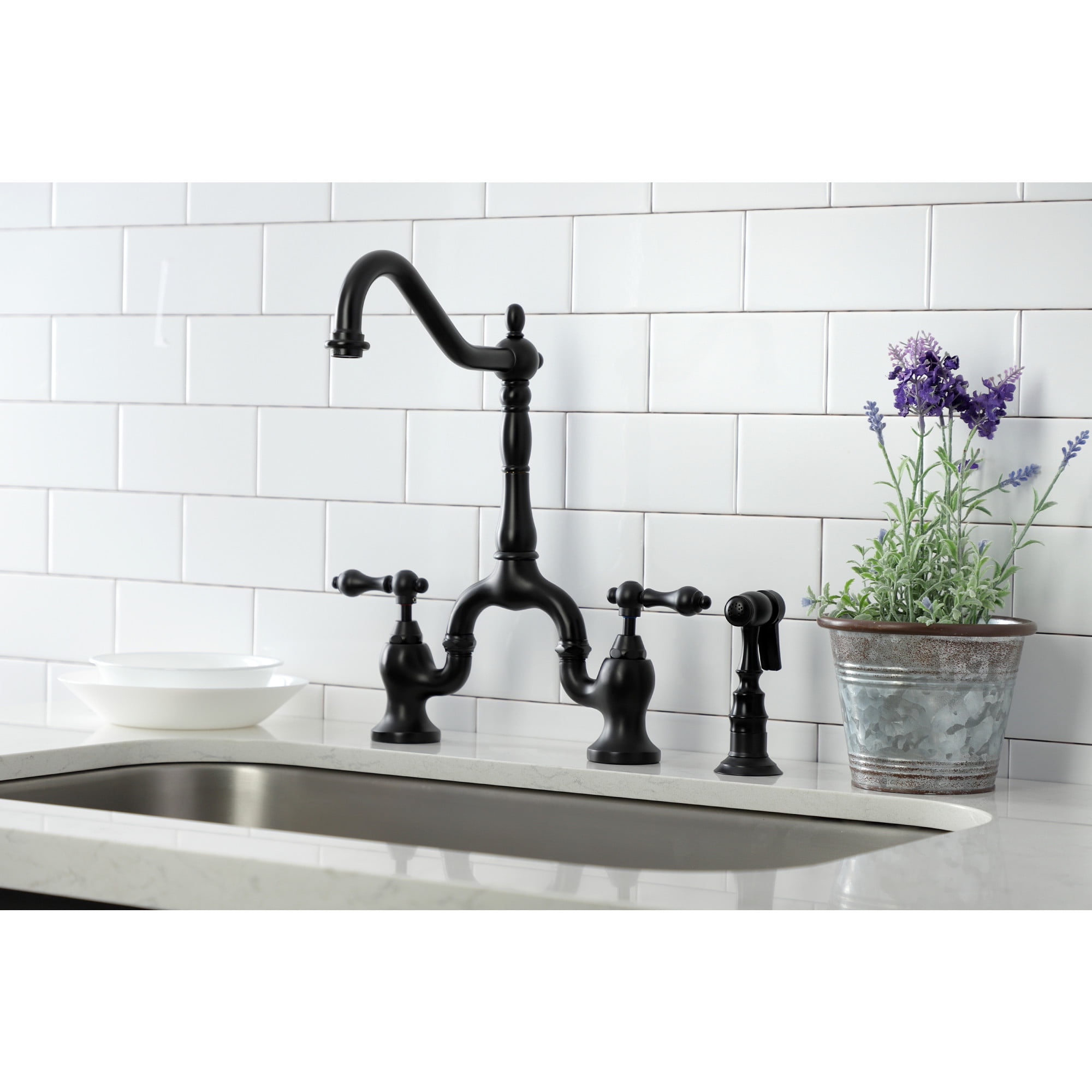 Kingston Brass KS7750ALBS English Country Two-Handle 3-Hole Deck Mount Bridge Kitchen Faucet with Brass Side Sprayer in Matte Black