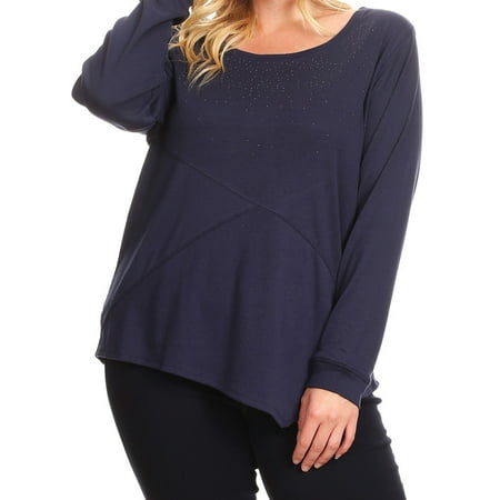 Women Plus Size Long Sleeve Rhinestones T Shirt Blouse Top Tee Navy 1X 17057 BNY Corner