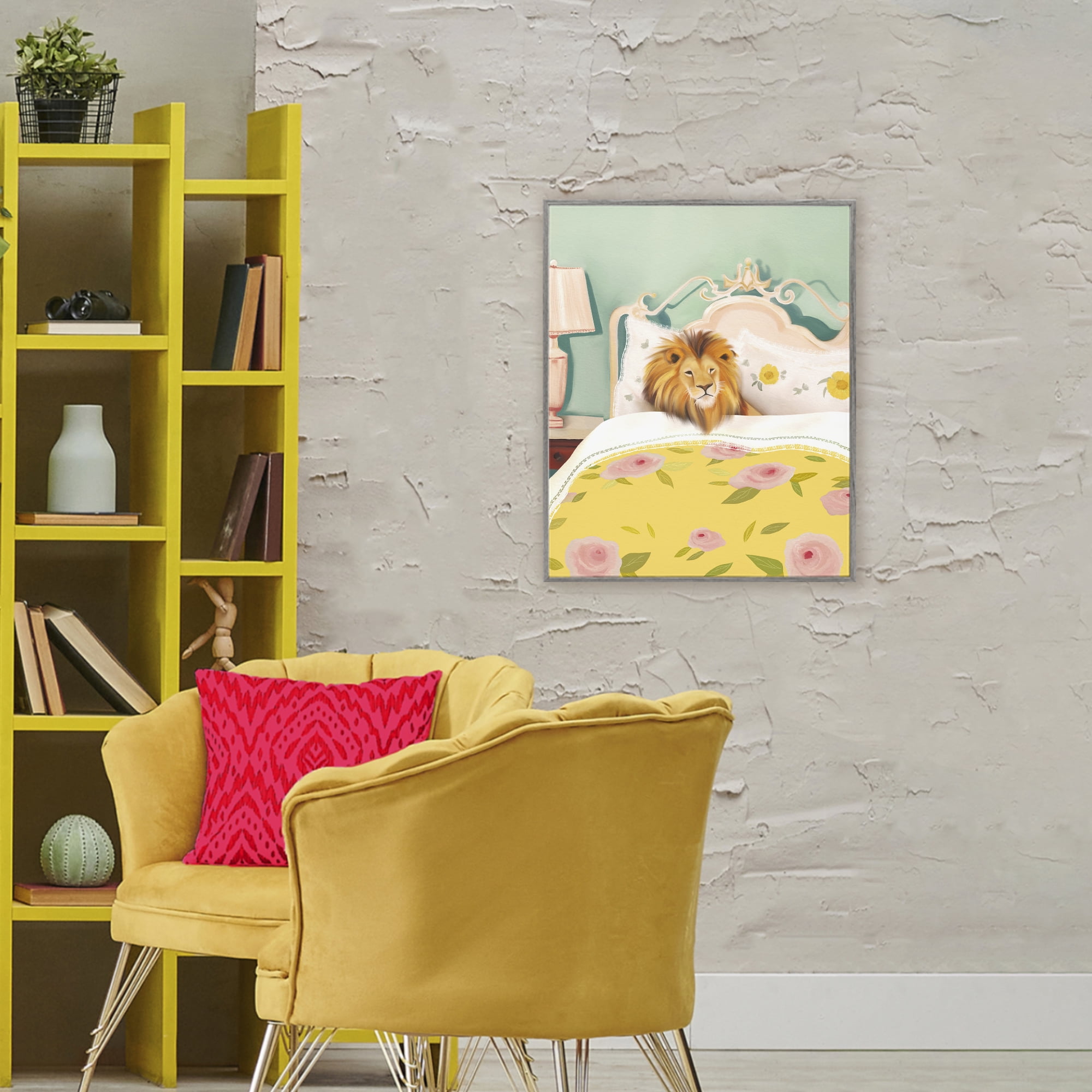 Good Morning Lion in Bed Gray Framed Giclee Art, design by Leah Straatsma