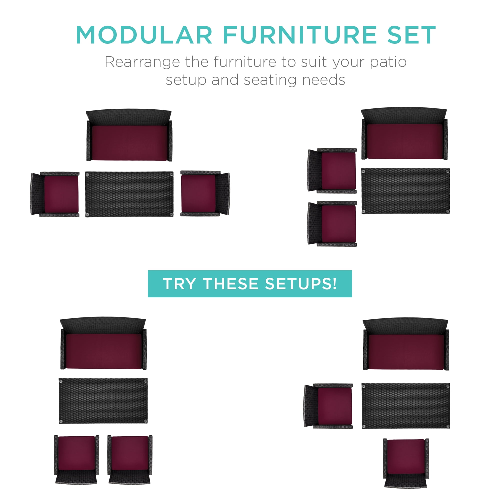 Best Choice Products 4-Piece Outdoor Wicker Patio Conversation Furniture Set w/ Table, Cushions - Black/Deep Burgundy