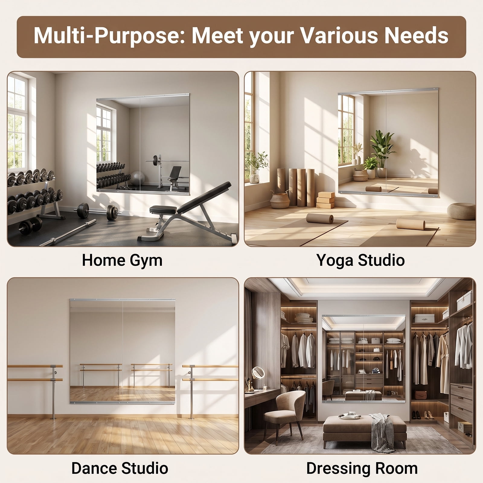 Easy4Home 33"x60" 2 Pack Home Gym Mirror Tempered Glass Frameless Full Length Mirror Wall Mounted Yoga Mirror