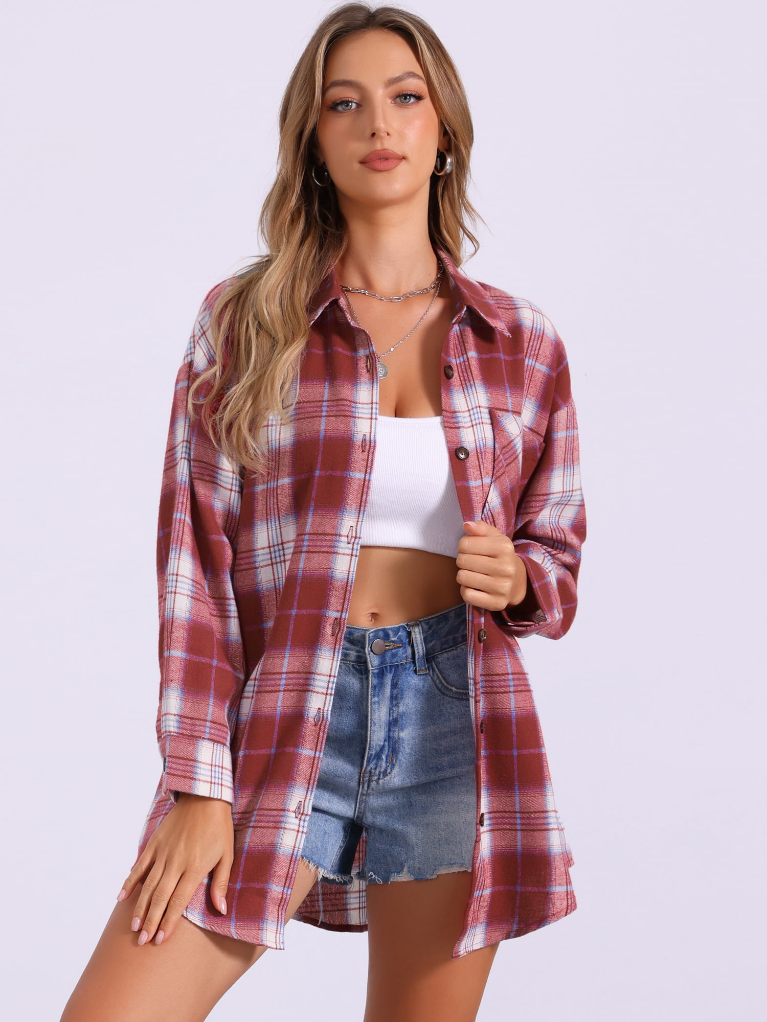DARING DIVA Women's Long Sleeve Plaid Button Down Shirt Blouse Top S Dark Red