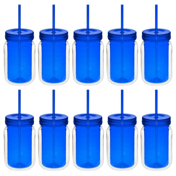 Acrylic Tumblers with Straw 18 oz. Set of 10, Bulk Pack - Perfect for Smoothies, Iced Coffee, Soda, Other Beverages - Blue