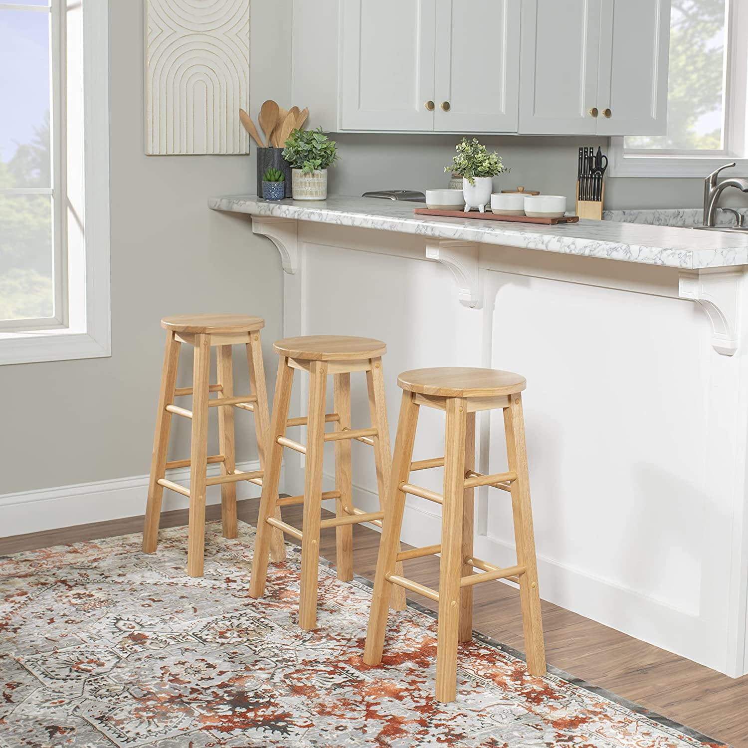 PJ Wood Classic Round-Seat 29 Inch Kitchen Bar Stools, Natural, Set of 2