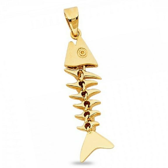 Solid 14k Yellow Gold Motion Fish Bone Pendant Nautical Charm Polished Genuine High Quality 3D Desigm New 27 mm x 8 mm