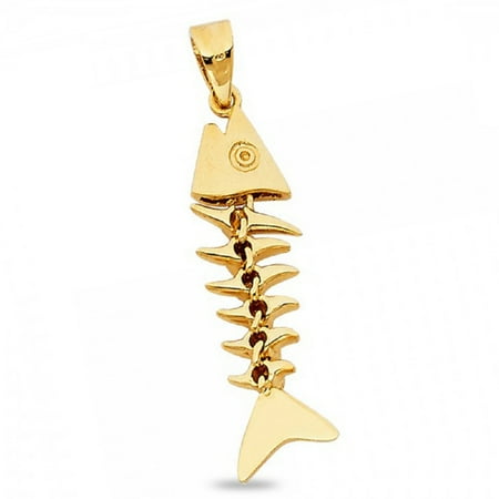 14k Nautical Charm Fish Bone Dangle Pendant Solid 14k Yellow Gold Nautical Charm Genuine Quality 3D Design 27 x 8 mm ()