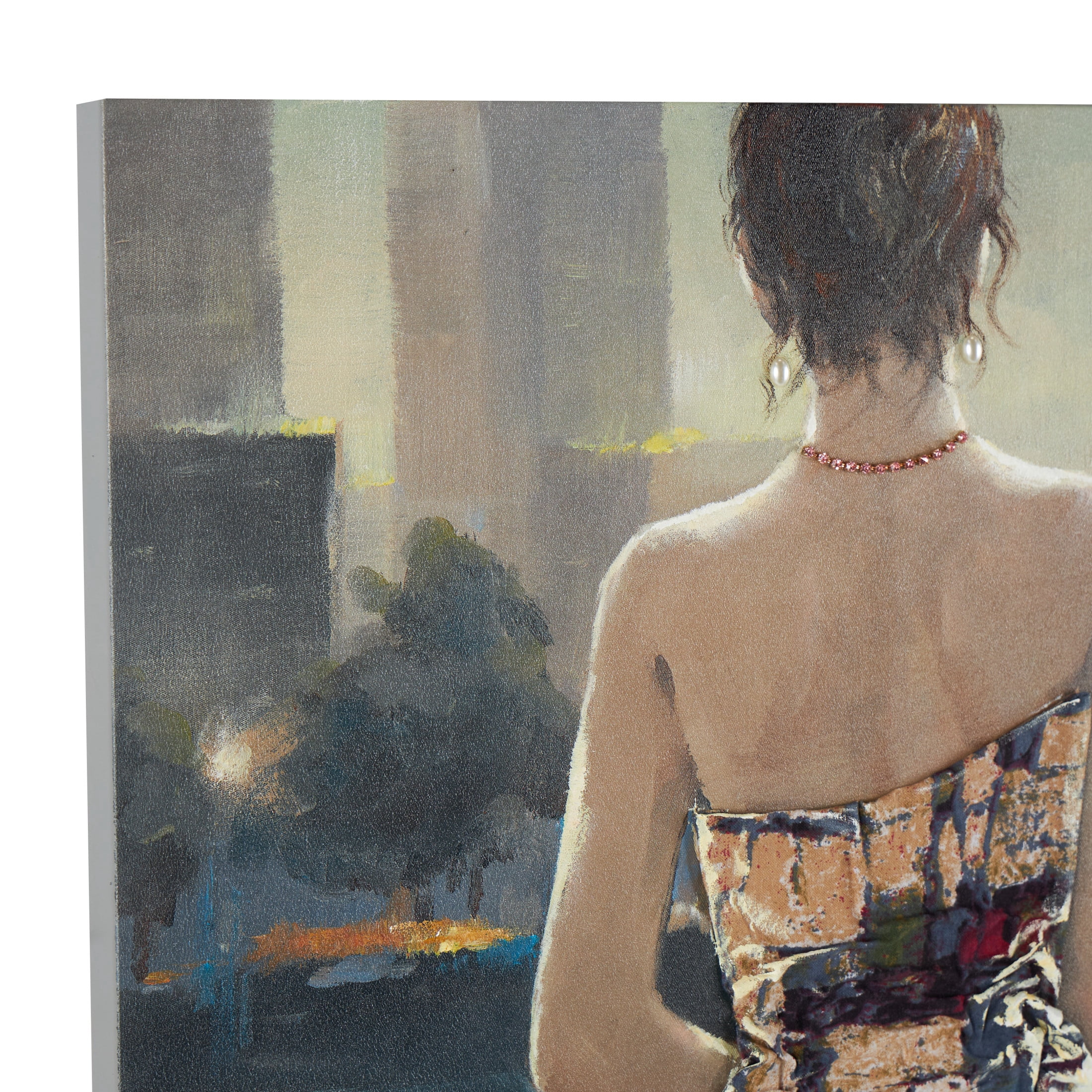 40" x 40" Unframed Woman Wall Art with 3D Multicolor Fabric Dress and Pink Necklace, by DecMode
