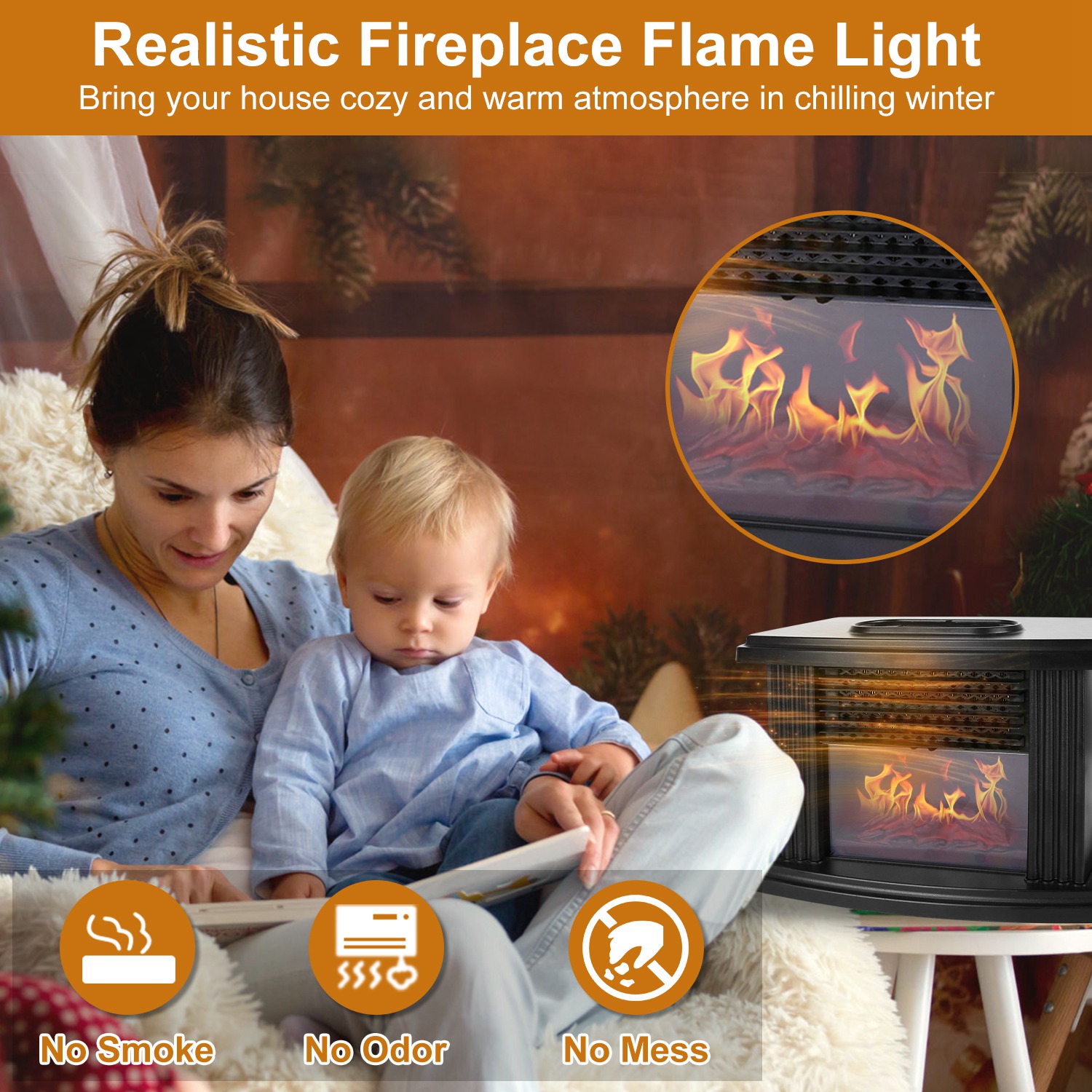 Electric Fireplace Heater 800W Artificial Flame Stove Heater with Accurate Digital Thermostat Timer Setting Remote Control Overheating Protection for Office Bedroom