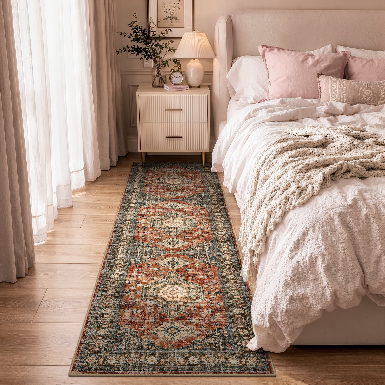 Lahome Washable Runner Rug, 2x8 Non-Slip Boho Vintage Hallway Rug Runner with Rubber Backing, Stain Resistant，Low Pile Faux Wool Distressed Carpet Runner for Bedroom, Kitchen, Laundry, Entrance