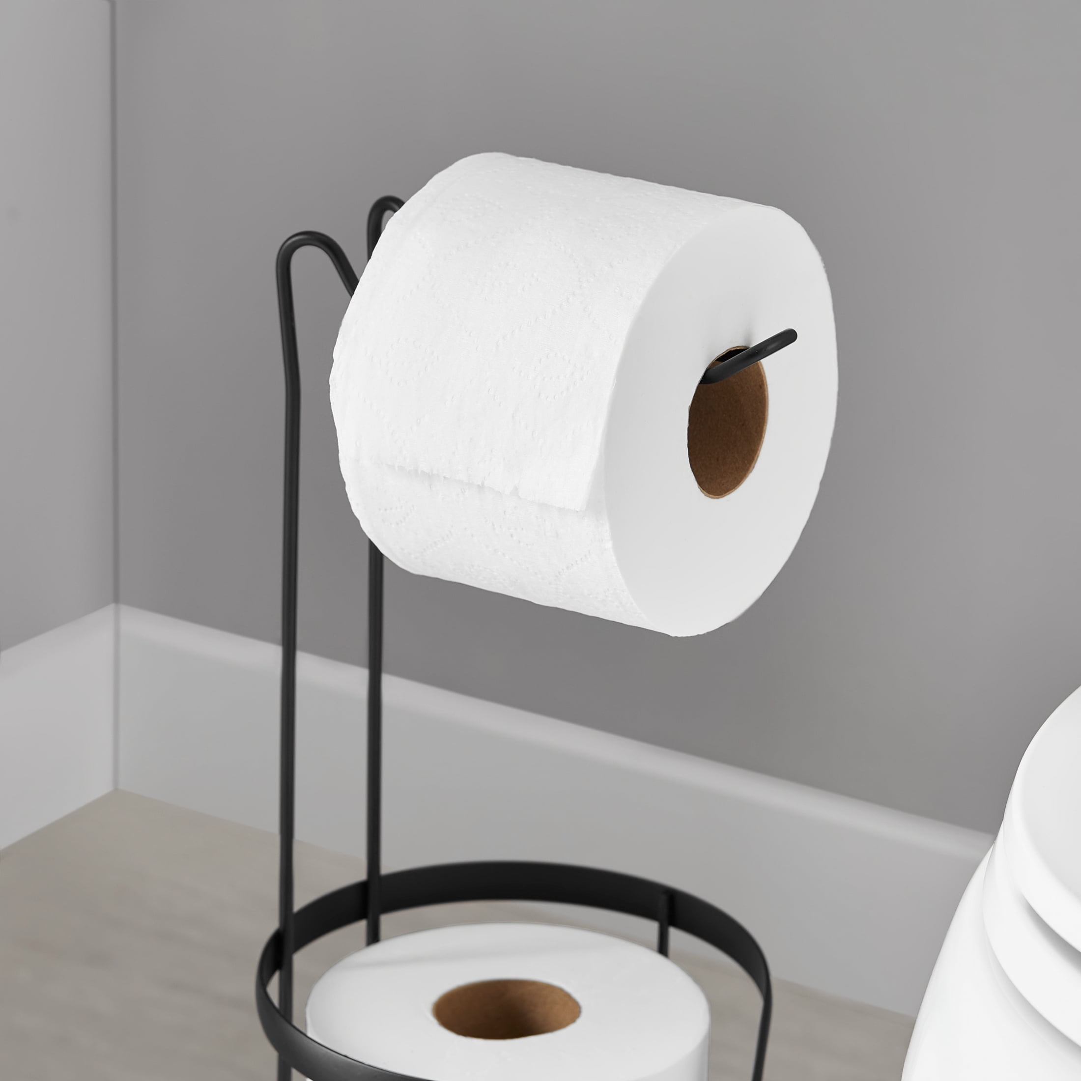 Mainstays Free Standing Toilet Paper Holder with Roll Reserve, Matte Black