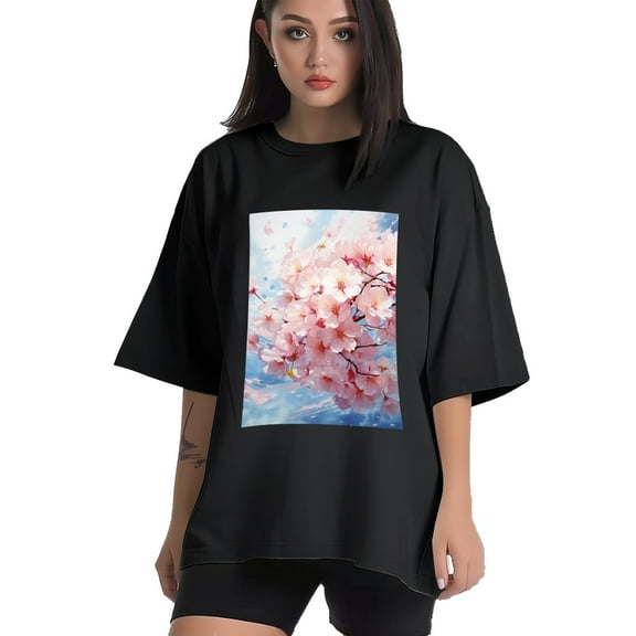 Plus Size Shirt for Women Black Tops for Women Short Sleeves Shirt for Women Cherry Blossom2 T Shirt Crewneck Shirt for Women XS