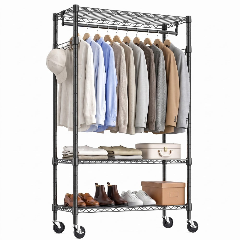 Heavy Duty Rolling Garment Rack, 3-Tier Adjustable Wire Shelving Clothes Rack with Hanging Rod, Side Hooks & Lockable Wheels, Black