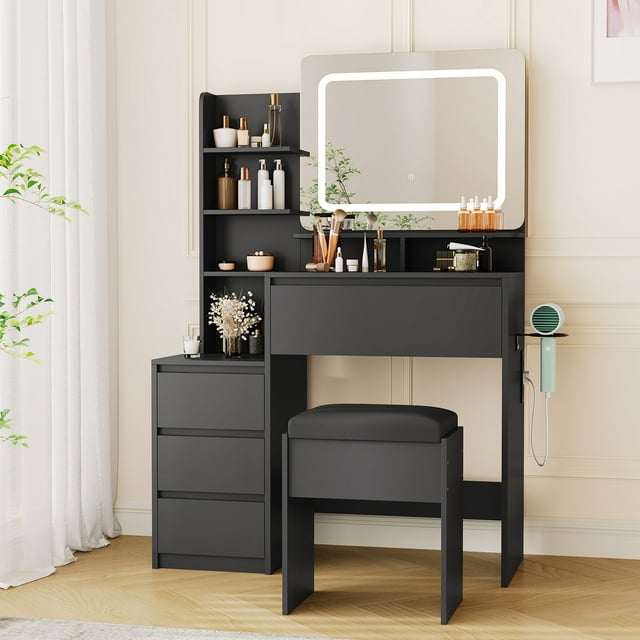 Vanity Desk With Mirror and LED Lights, 36-Inch Makeup Vanity Desk, Power Outlet, USB Ports, Stool, 3 Color Adjustable Light, Dressing Table With 4 Drawers, Storage Shelves for Bedroom, Women
