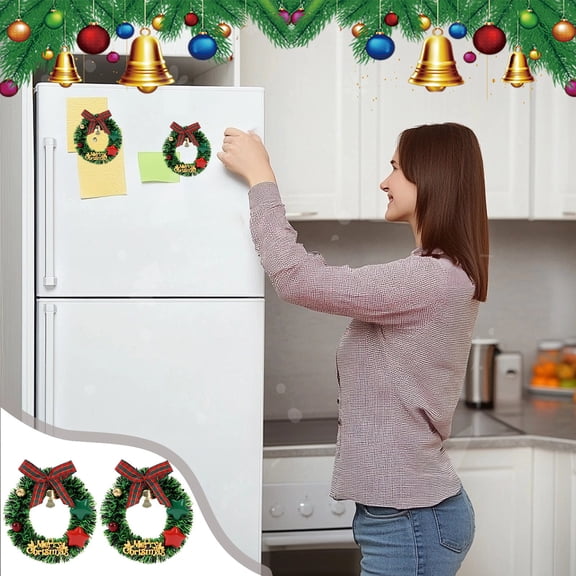 Neoyler 2 Pack Christmas Decorations Festive Magnetic Garland for Home Office Long Lasting Plastic Wreaths with Bells and for Refrigerator Holiday Decor 2.9in Multicolor