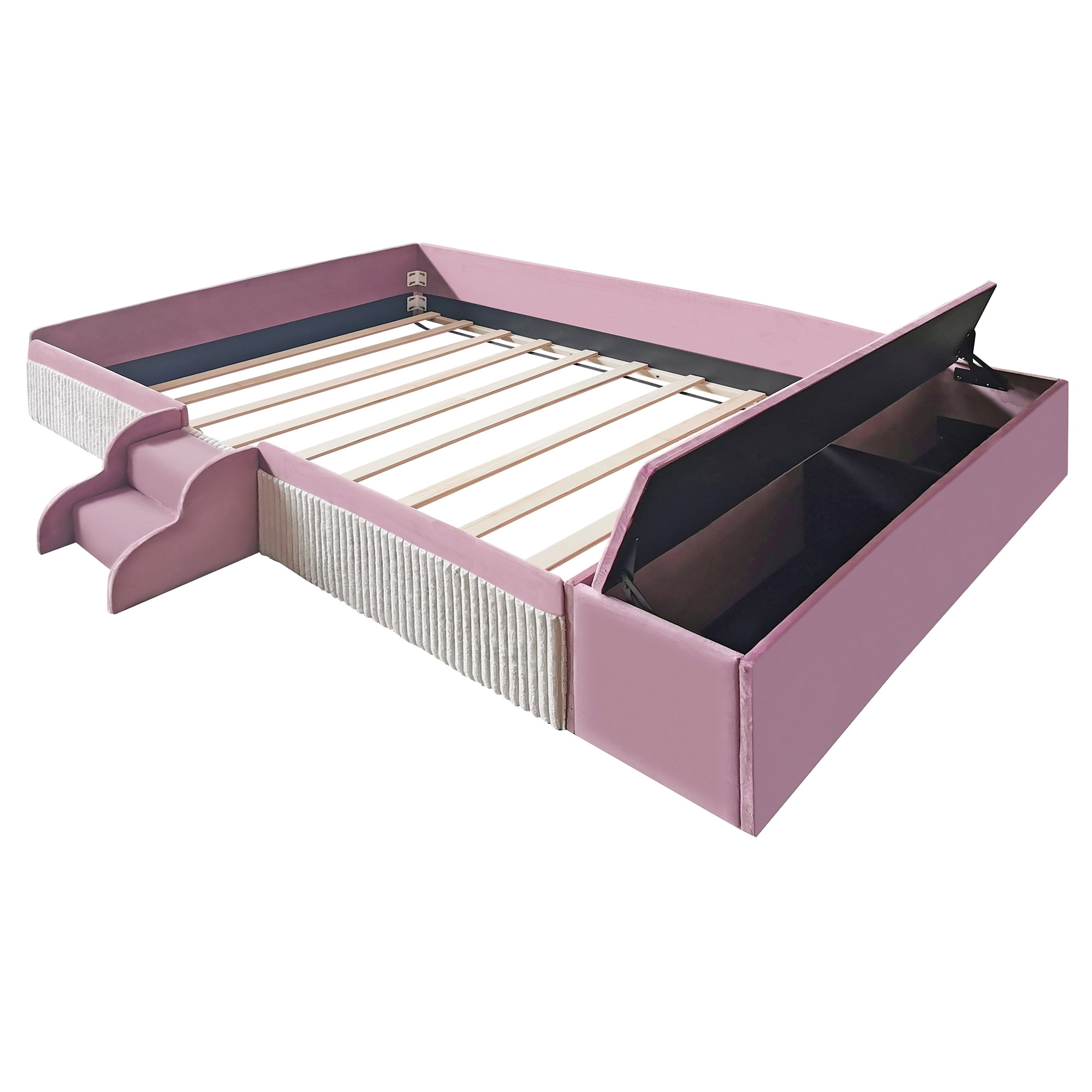 Leumius Full Size Floor Bed Frame with Stairs & Gas Lift Storage Ottoman, Velvet Upholstered Daybed with Padded Guardrails, Pink+White