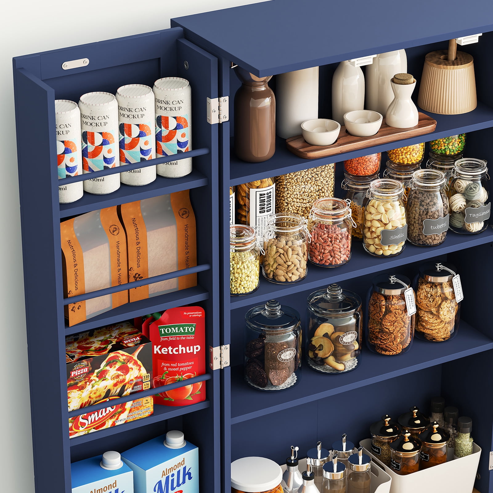 HLR 45" Kitchen Pantry Cabinet with Doors and Adjustable Shelves, Food Storage for Dining Room, Navy Blue