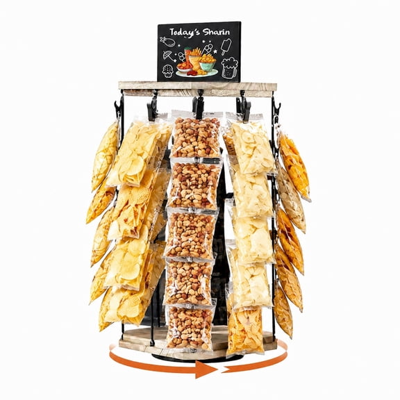 Sesiiduo 360-Degree Rotating Wooden Snack Display Rack, Space-Saving Pantry Organizer with 40 Hooks
