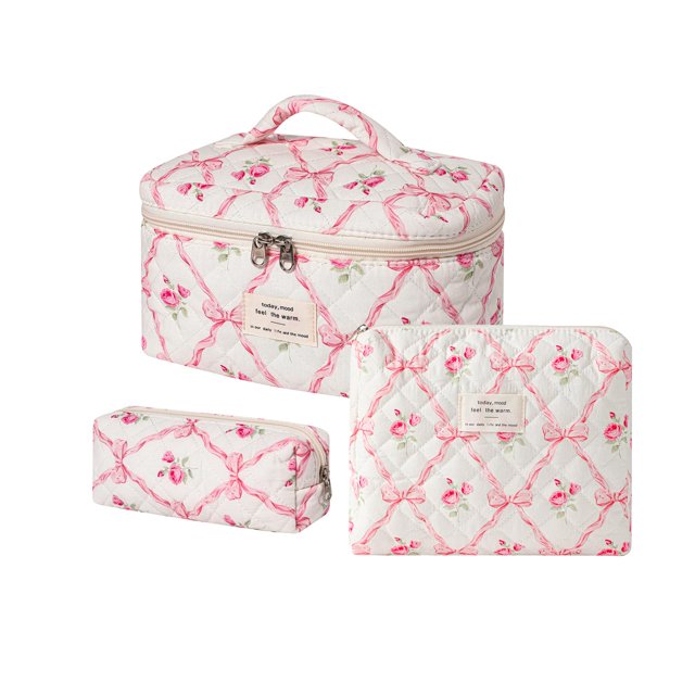 Bolsa de maquillaje uekeboag acolchada con estampado floral de algodón para viajes, 3 unidades, rosa