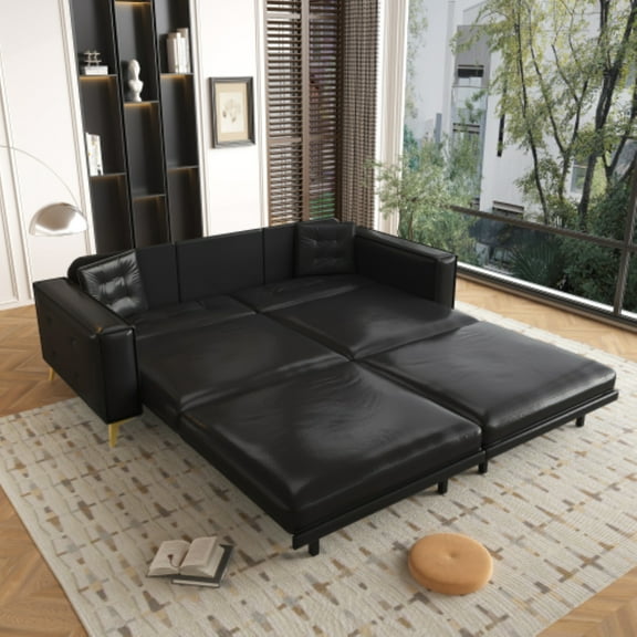 LLappuil King Size Pull Out Sofa Bed, Oversized Faux Leather 4 Seat Sofa Convertible Sleeper Sofa Bed Black