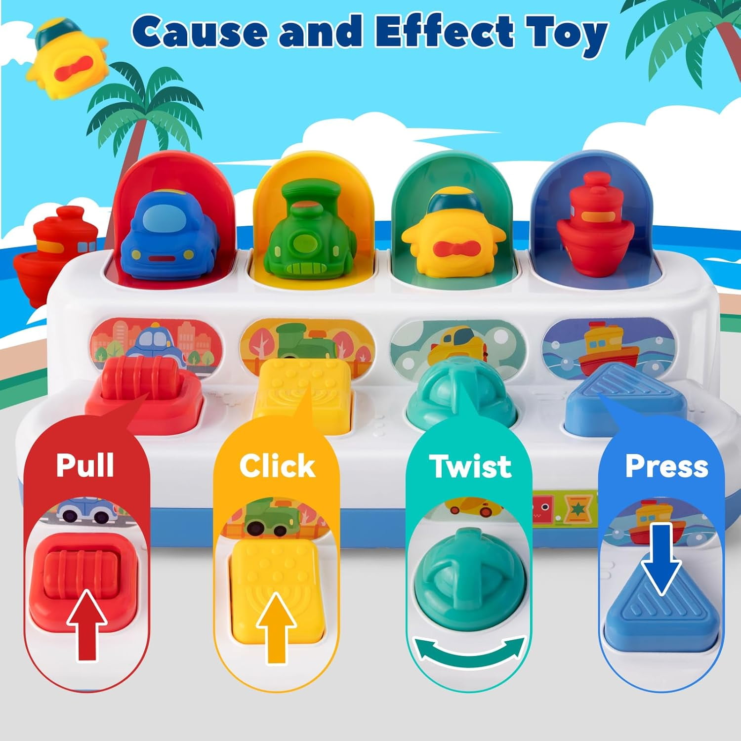 Ludolm Interactive Cause & Effect Pop Up Vehicle Toys for Toddlers 18M+, Sensory Montessori Toys for Infants , Fun Hide and Seek Play for Boy Girl