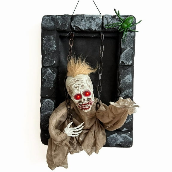 Scary Hanging Gravestone Ghost with Light-Up Eyes,Activated Sound-Creepy Ghost Prisoner Shaking Body and Spooky Sounds,Animated Ghost for Indoor,Outdoor,Haunted House,Yard