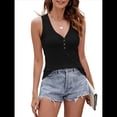 thumbnail image 2 of Camisetas Sin Mangas con Cuello en V para Mujer, Camisetas Informales de Verano con Botones Acanalados y Cuello en V. Negro L, 2 of 9