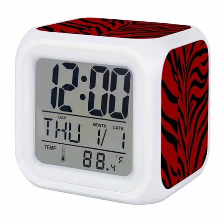 Alarm Clocks Red Tiger Tattoo Pattern Digital Clock 7 Color LED Night Light Silent Non-Ticking Battery Operated Animal Fur Texture Cube Clocks for Bedroom Bedside Living Room Office School