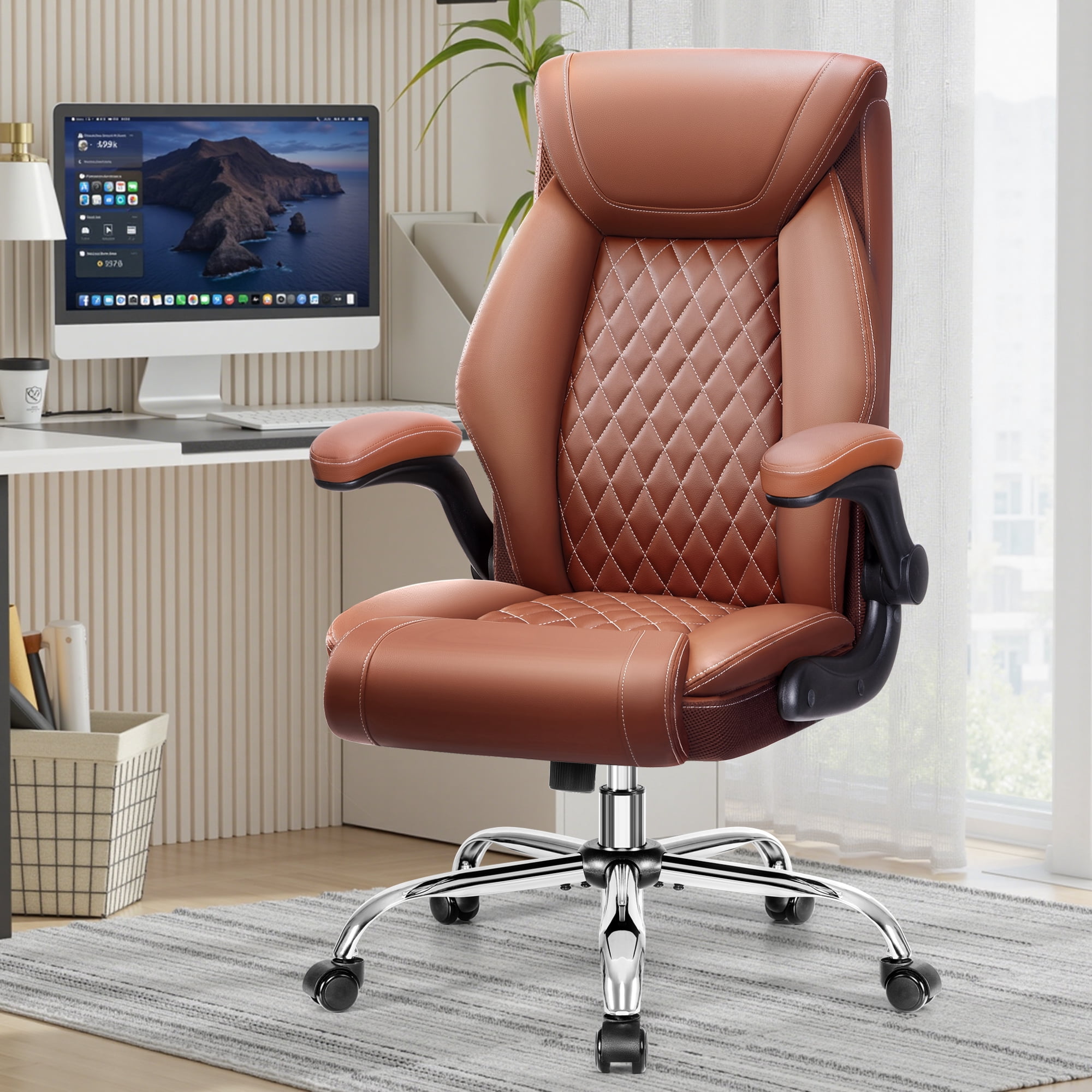 FASTES Ergonomic Office Chair, Desk Chair with High Back Flip-up Armrests Big and Tall Gaming Leather Chair with Rocking Function 2 Reclining Position,Brown