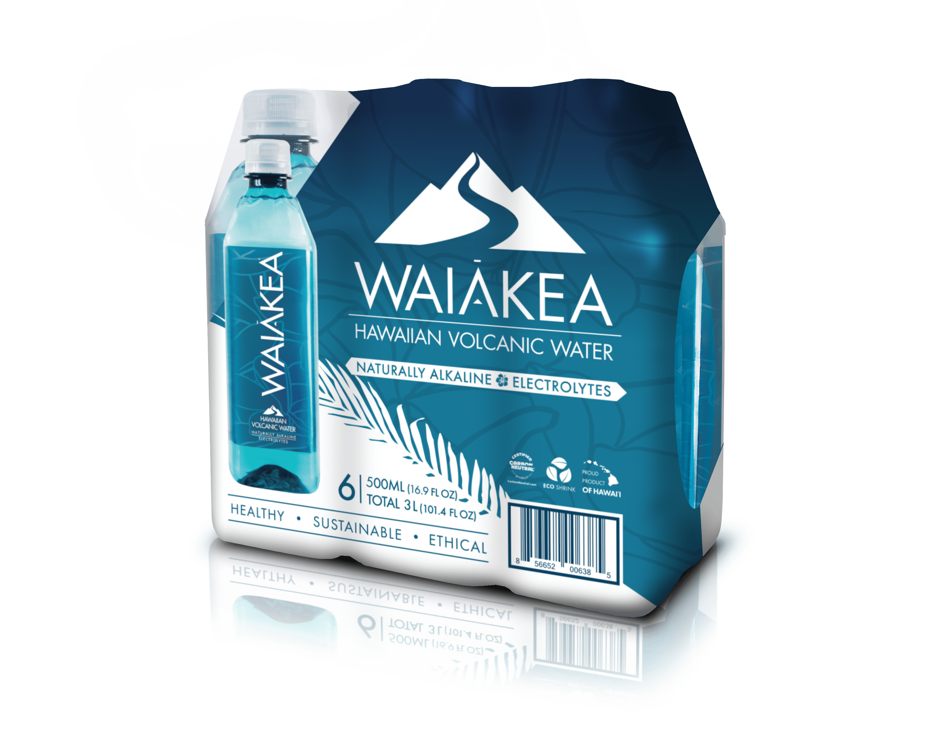 Waiakea Bottled Water, Hawaiian Volcanic Alkaline Water, 500ml (16.9 oz) Bottles, 6 Pack
