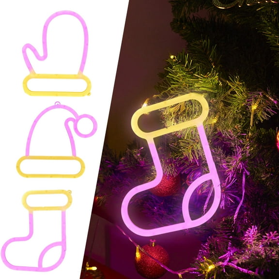 Yhmxh Christmas Neon Sign for Tree, Purple & Yellow Xmas Sock Neon Lights for Bedroom, Wall Decor, Santa Sock/Hat/Gloves Led Christmas Lights for Room Decor, Xmas Led Signs for Christmas Decorations
