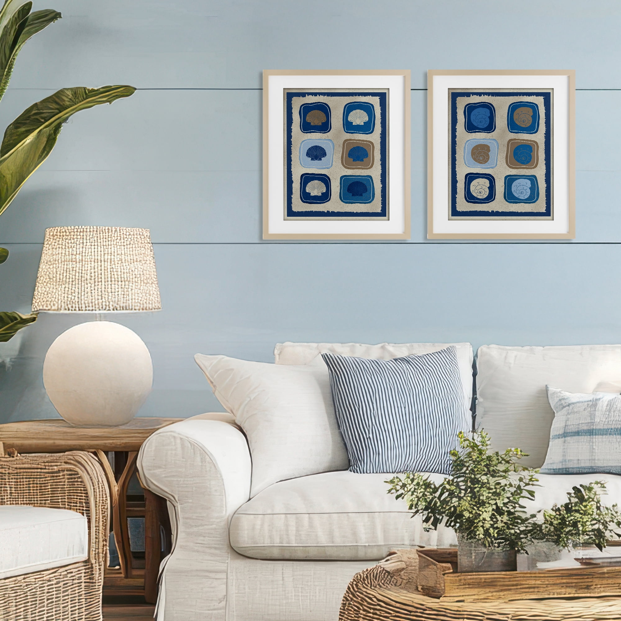 Stupell Industries Blue Blocked Seashells 2 Piece Birch Framed Print Under Glass Set, design by Julia Frost