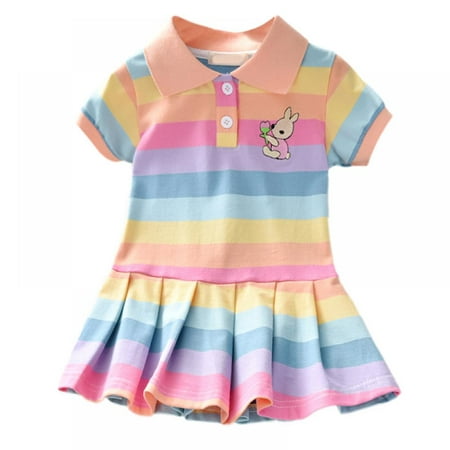 

Toddler Baby Girl Rainbow A-line Dress Short Sleeve Polo Collar Pleated Tennis Dress Summer Outfits