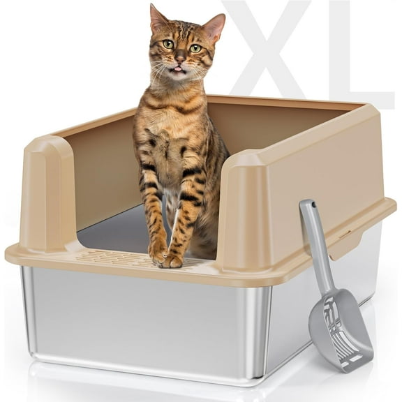 Enclosed Stainless Steel Cat Litter Box with High Side, X-Large Litter Box for Big Cats, Easy Clean Metal Kitty Litterbox, Non-Stick, Anti-Leakage, Include Litter Scoop