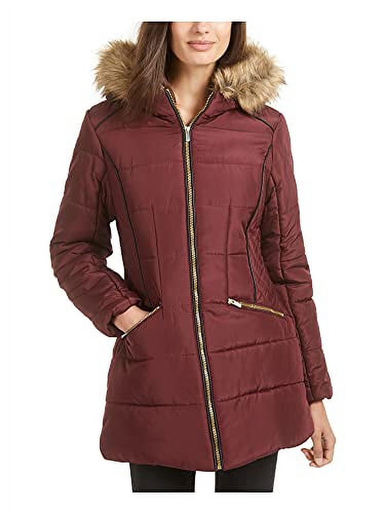 CELEBRITY PINK Womens Burgundy Faux Fur Pocketed Zippered Puffer Winter Jacket Coat S - image 3 of 3