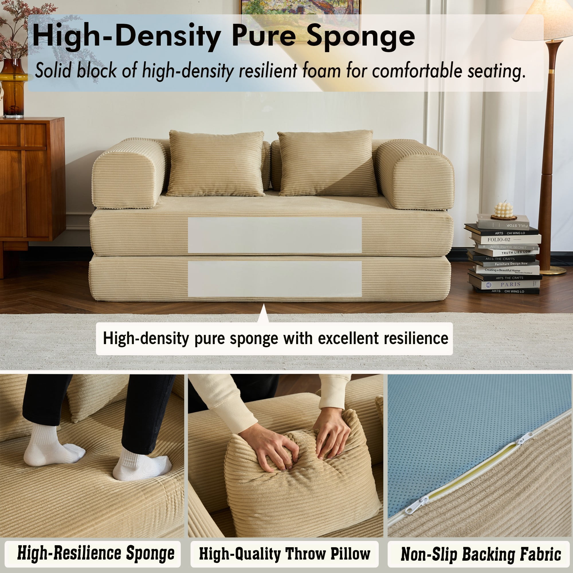 BSHTI 59" Corduroy Convertible Sleeper Sofa Bed with Cylindrical Pillow, No Assembly, Small Space for Living Room（Beige）