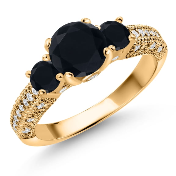 Gem Stone King 18K Yellow Gold Plated Silver Black Onyx and White Moissanite Engagement Ring for Women (1.80 Cttw, Gemstone December Birthstone, Round 7MM and 4MM, Size 9)