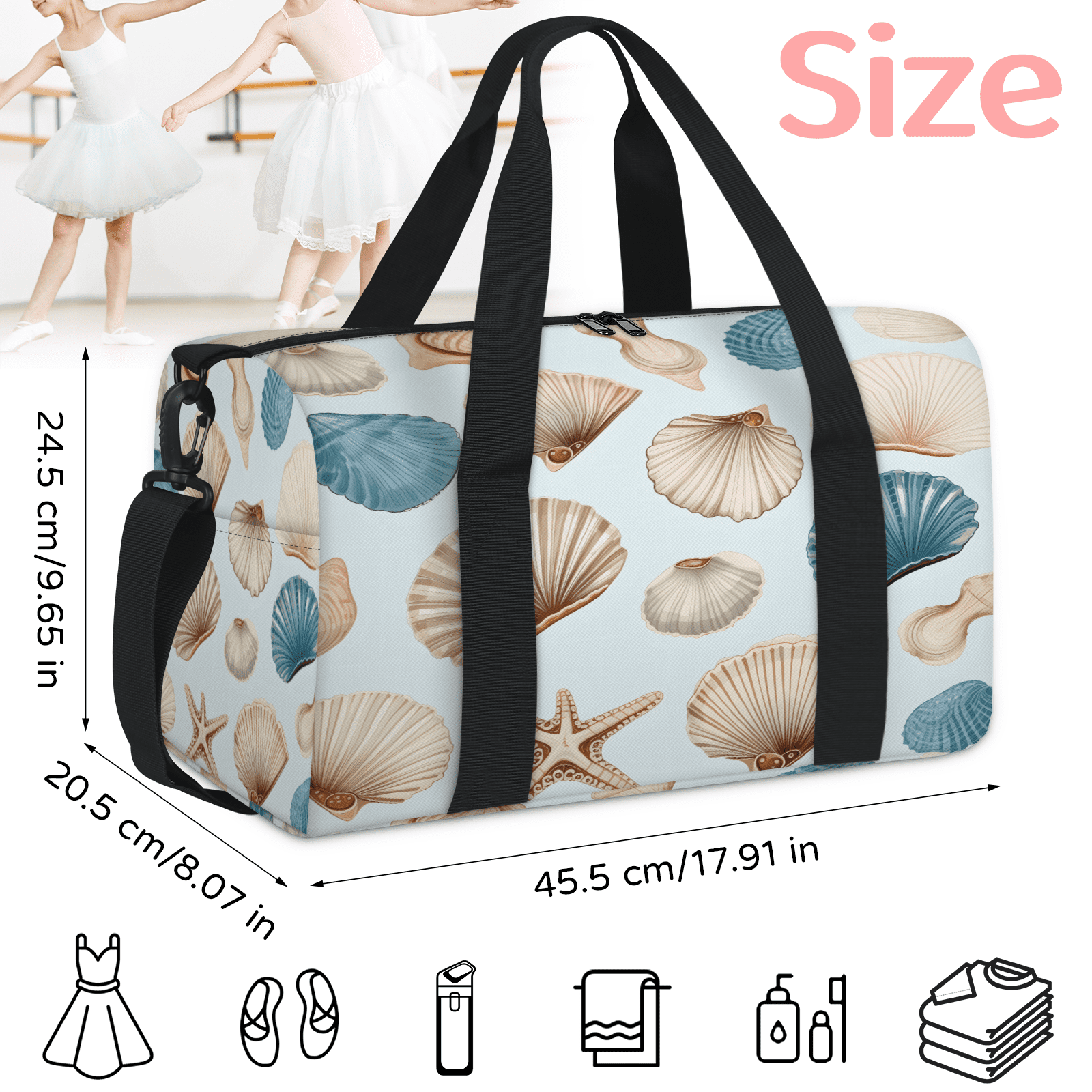 Herdesigns Starfish Seashell Coral Travel Duffle Bag Sports Yoga Weekender Overnight Carry on Workout Bags Lightweight Waterproof Gym Tote Bag for Women
