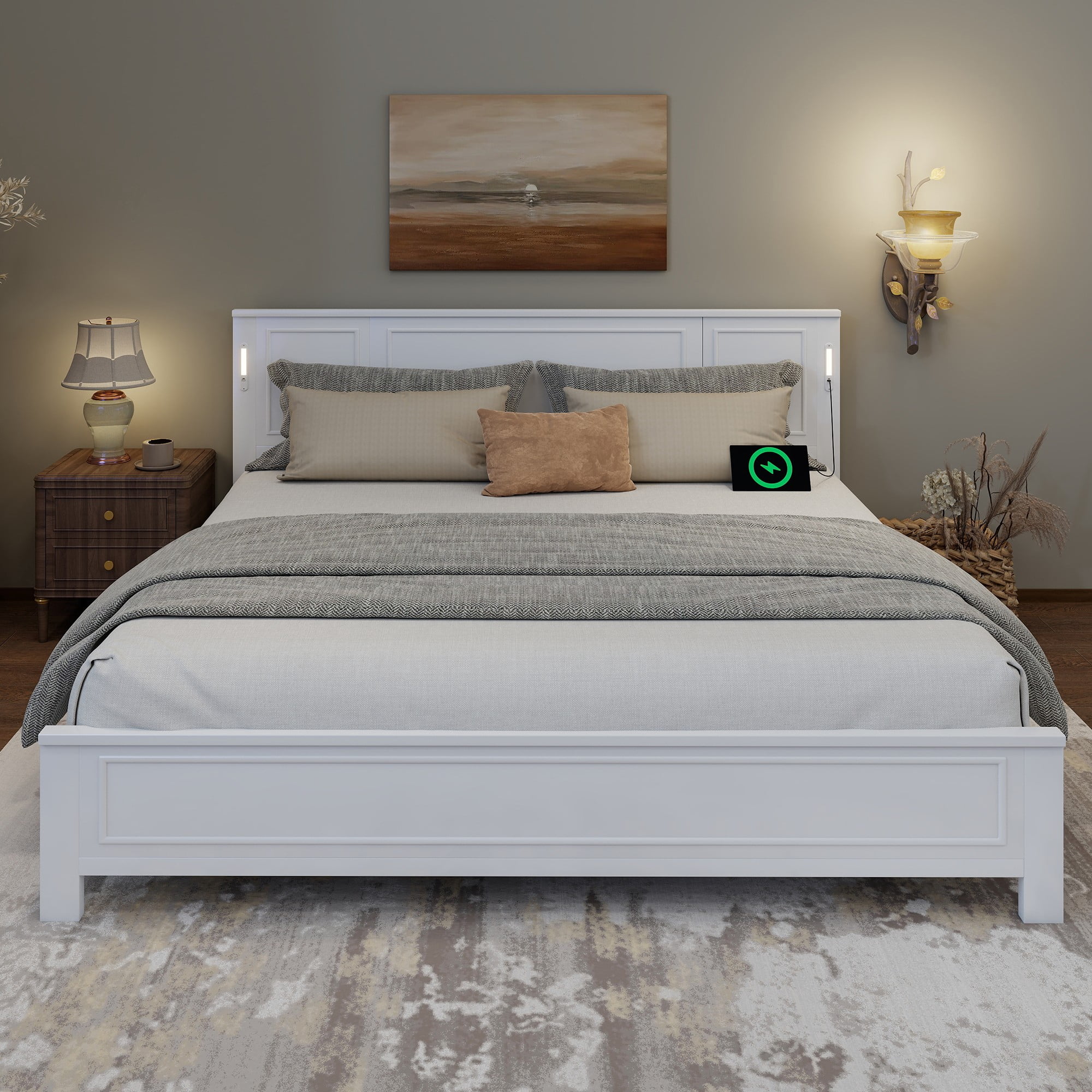 Aukfa King Size Bed Frame with LED Headboard, USB & Type-C Charging Station, Farmhouse Solid Wood Platform Bed with Pinewood Slat Support, White